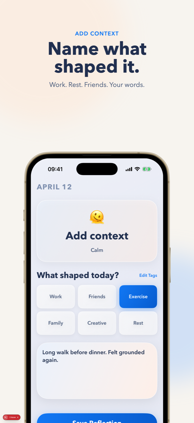 Emojily context tags — name what shaped your day with tags like Work, Friends, or Exercise